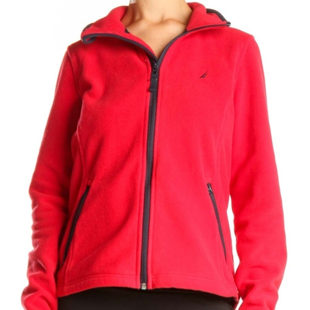 Nautica Red Fleece Jacket Blue Trim Zip‎ Front Preppy Coastal Medium